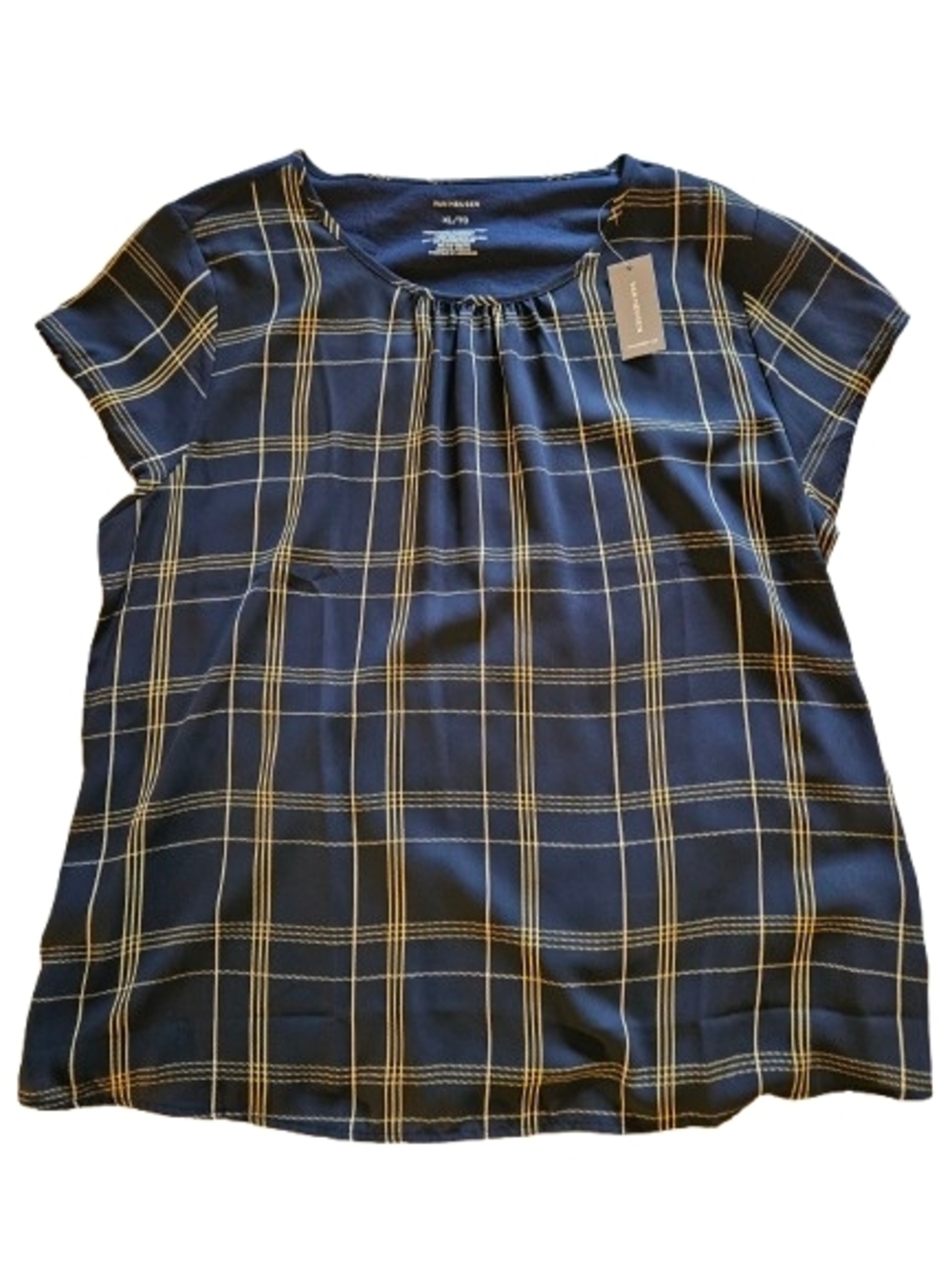 Van‎ Heusen XL Navy Plaid Blouse NWT Gold Windowpane Top
